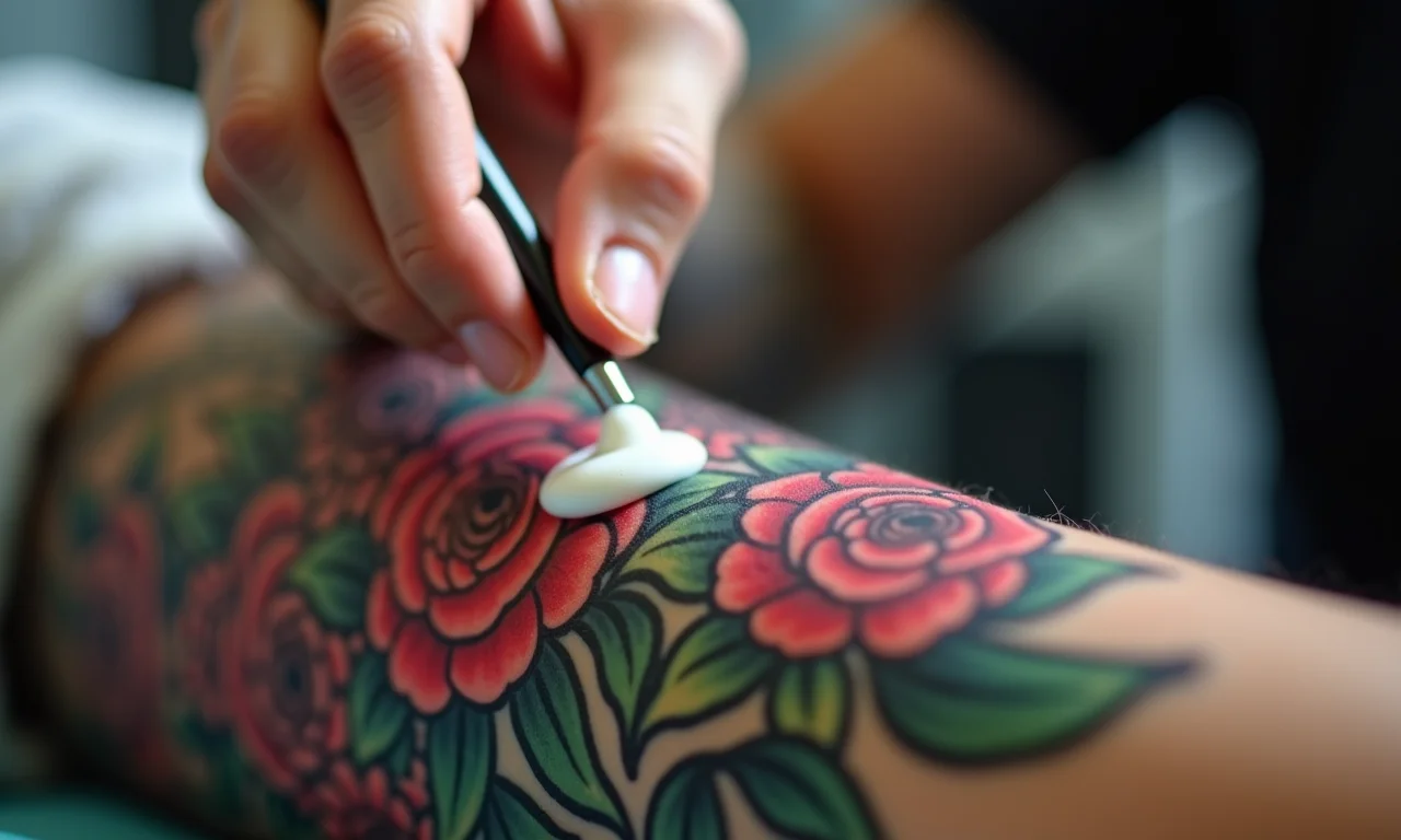 Mão aplicando pomada cicatrizante em tatuagem recente.