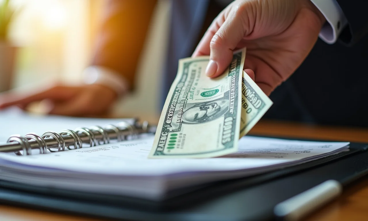 Mão colocando contas pagas em pasta de organização.