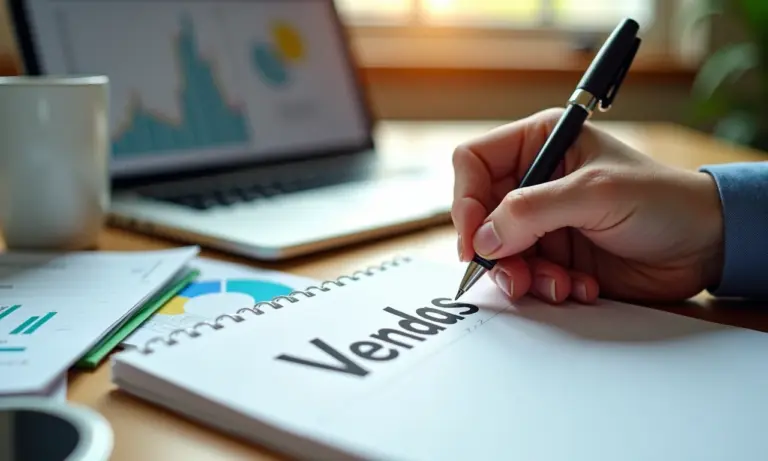 Mão escrevendo 'Vendas' em um bloco de notas cercado por materiais de marketing.