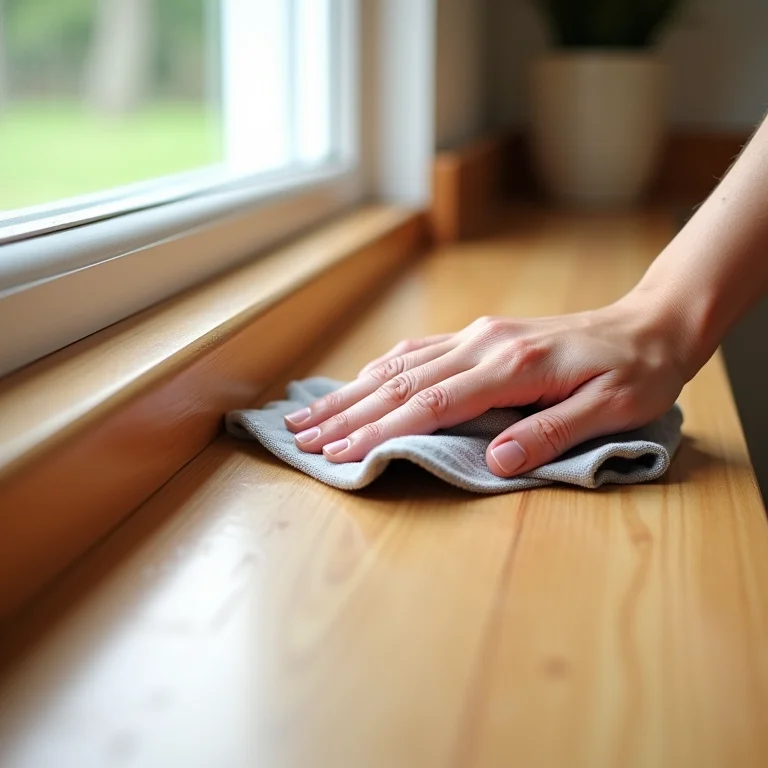 Mão limpando rodapé de madeira com pano úmido
