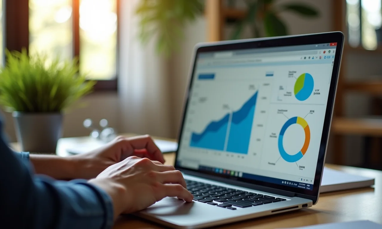 Mãos analisando histórico de sinistros em um laptop, com gráficos e dados visíveis.