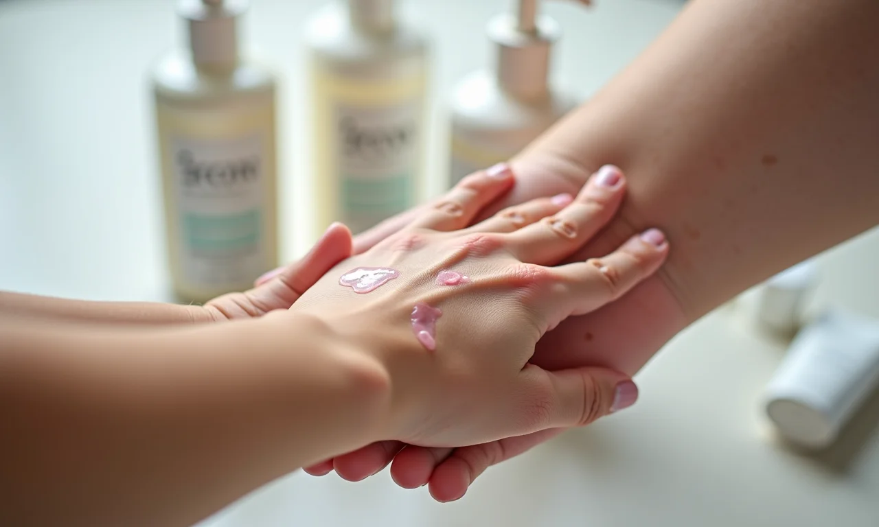 Mãos aplicando loção hidratante em pele irritada por cosméticos.