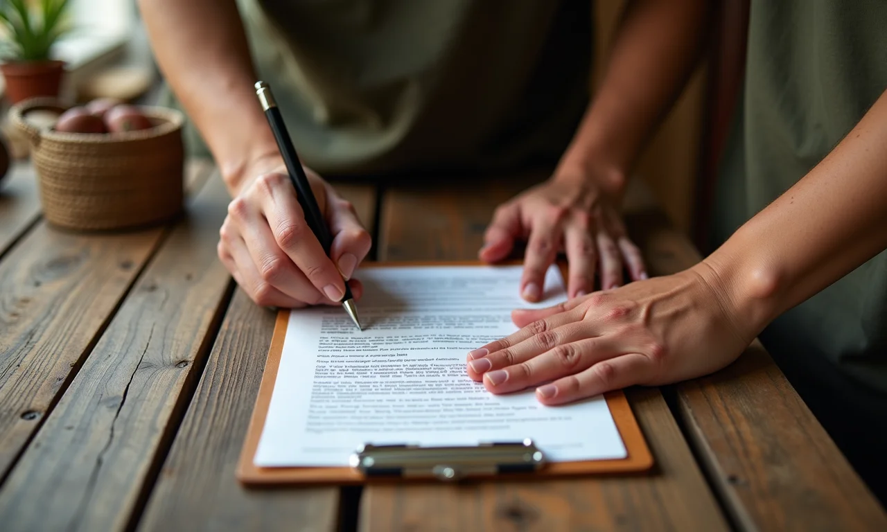 Mãos assinando formulário MEI sobre mesa de madeira rústica.
