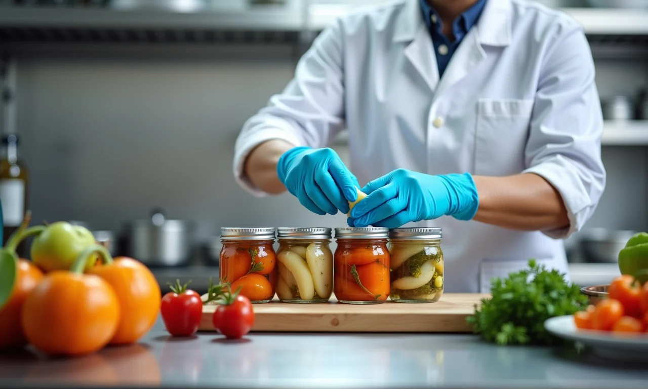 Mãos com luvas higienizando potes de conserva em cozinha clara.