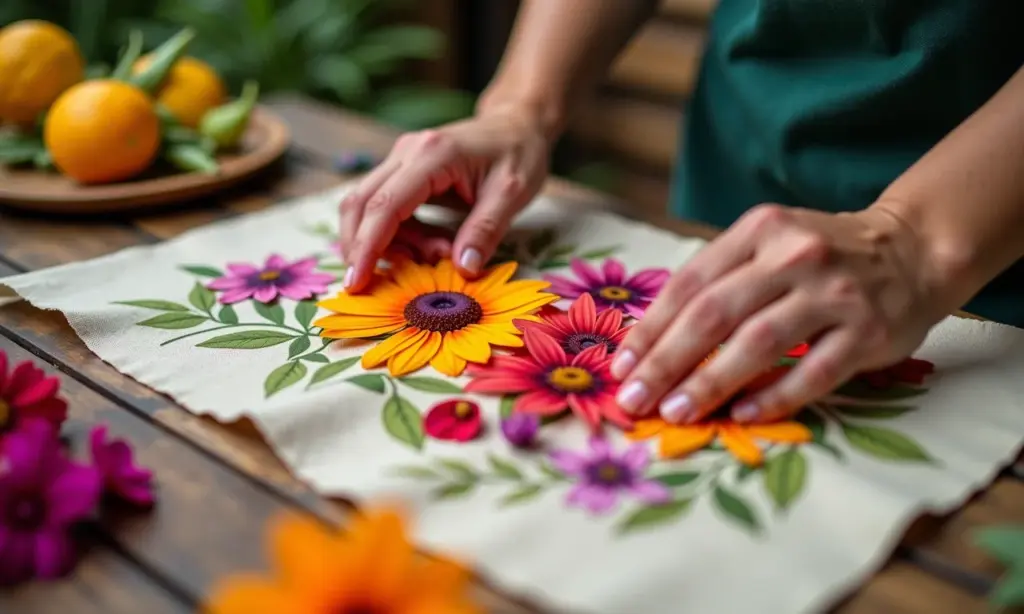 Mãos criando estampa botânica colorida em tecido natural.
