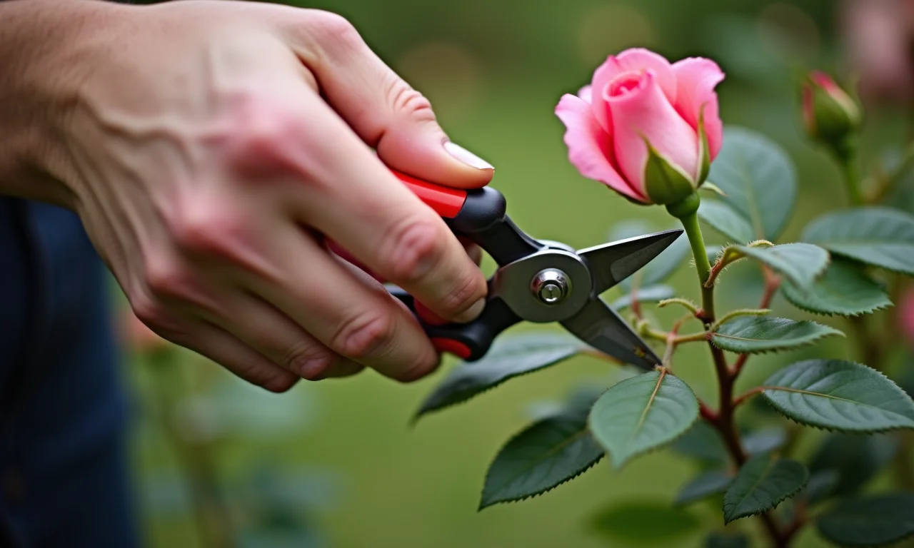 Mãos de jardineiro podando roseira, demonstrando o fortalecimento da planta.