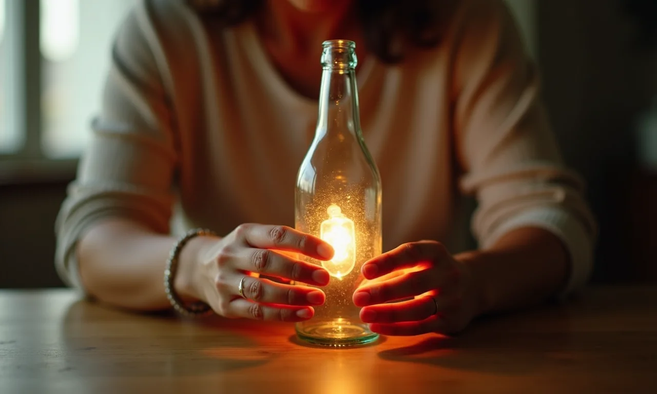 Mãos de mulher criando luminária com garrafa de vidro em estilo DIY.