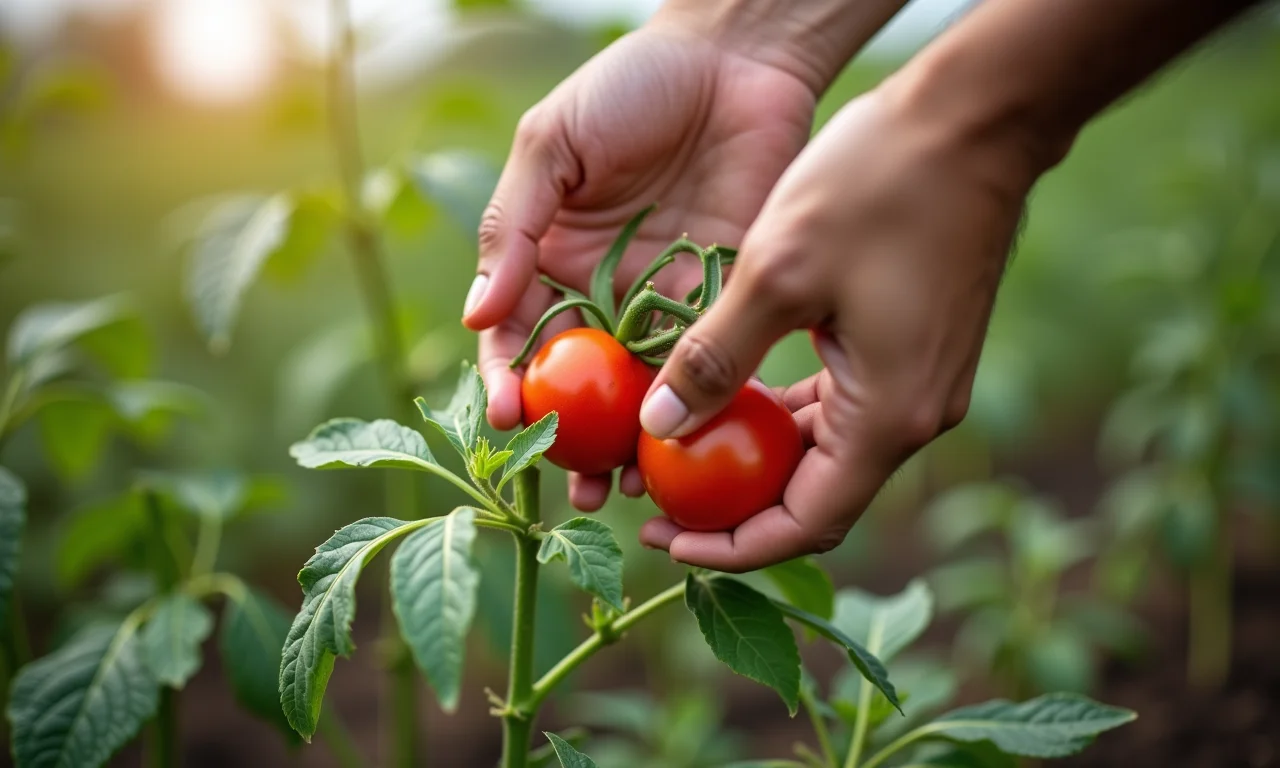 Mãos demonstrando a técnica correta de poda em uma planta de tomate, dominando as técnicas de plantio.