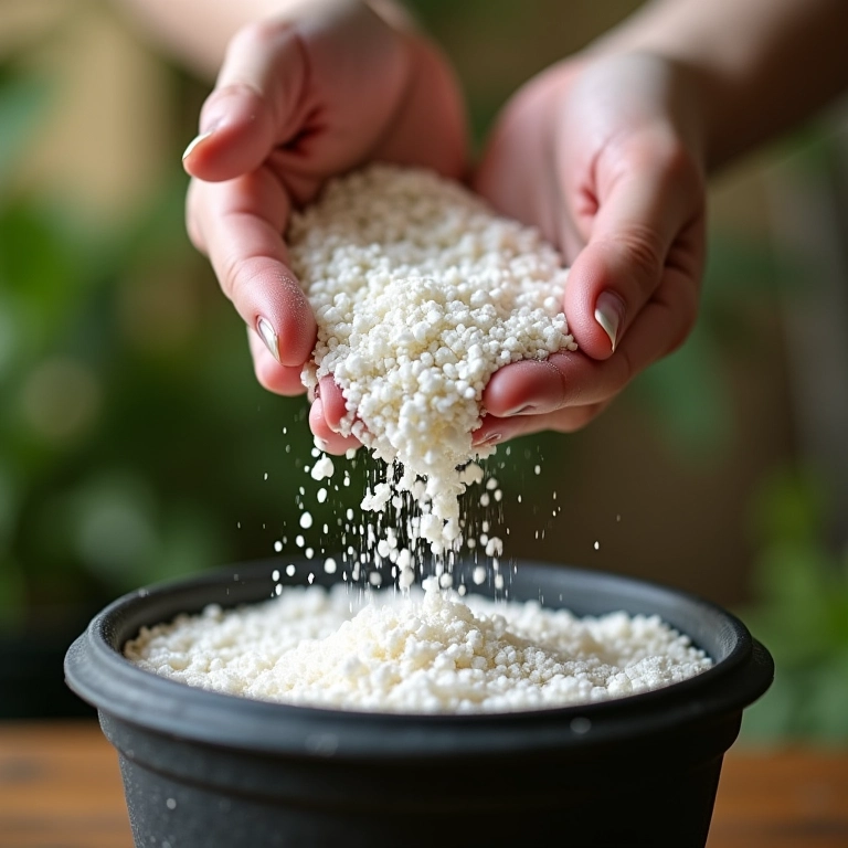 Mãos despejando perlita em um vaso, demonstrando a importância da drenagem e aeração do substrato.