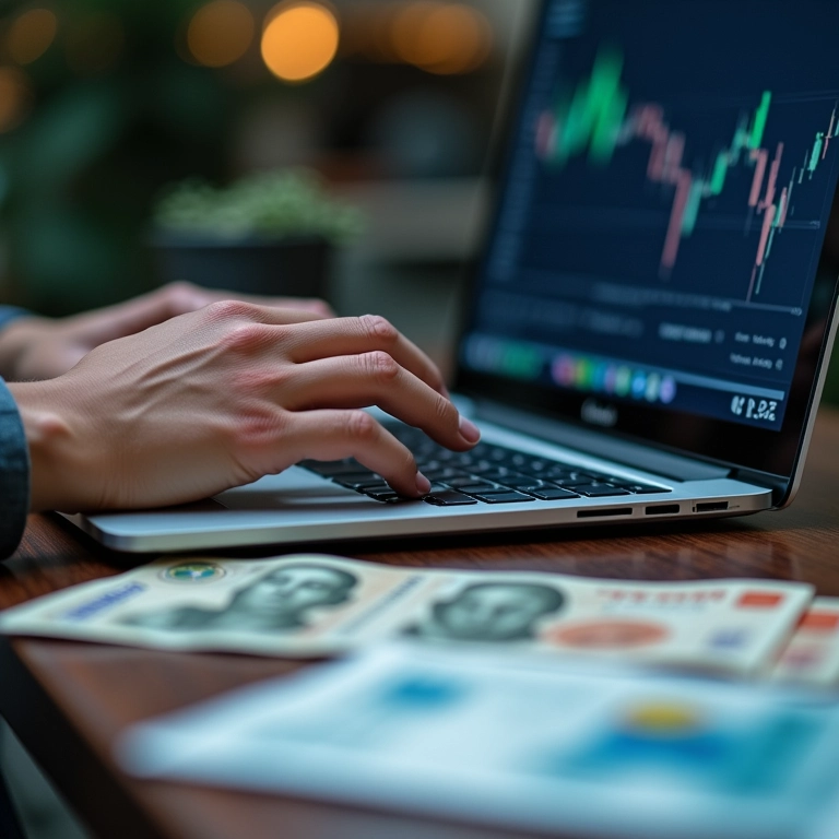 Mãos digitando em laptop com moedas e gráficos, ilustrando investimentos para renda passiva.