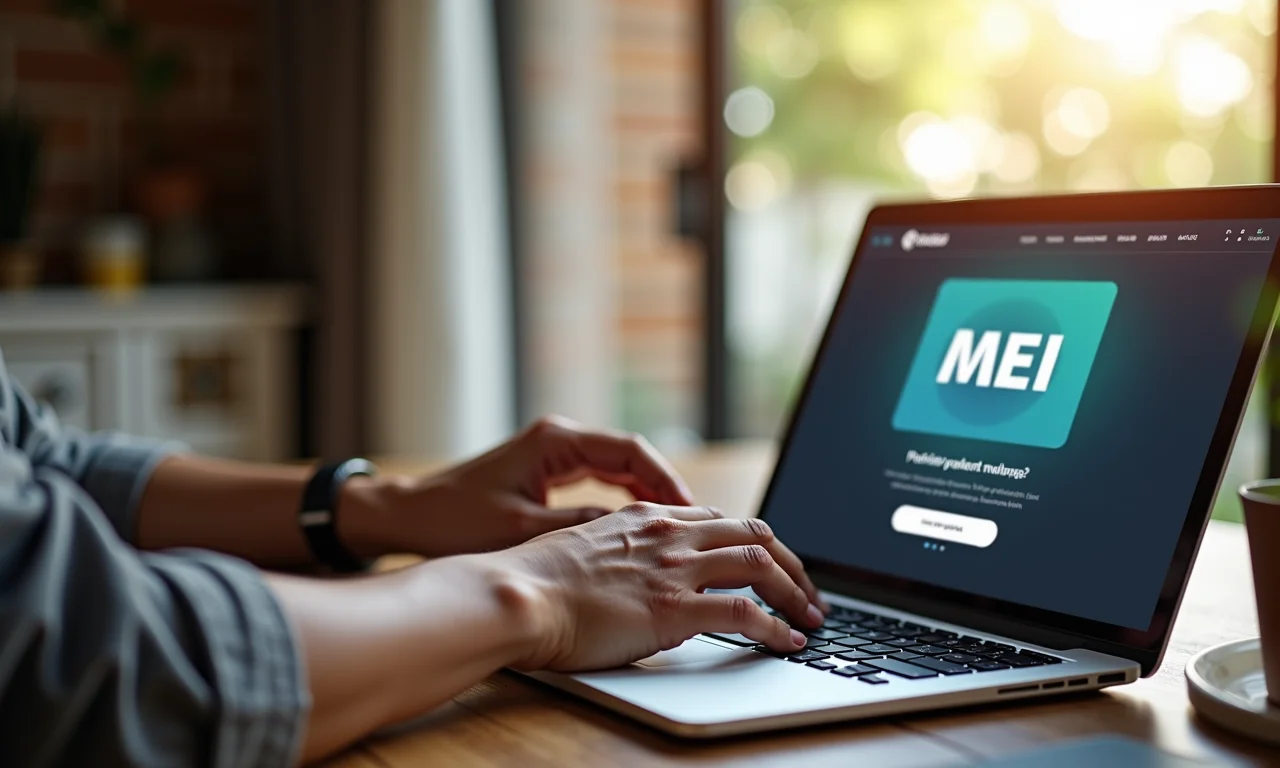 Mãos digitando em laptop com portal MEI aberto, mostrando onde realizar a alteração do nome online.