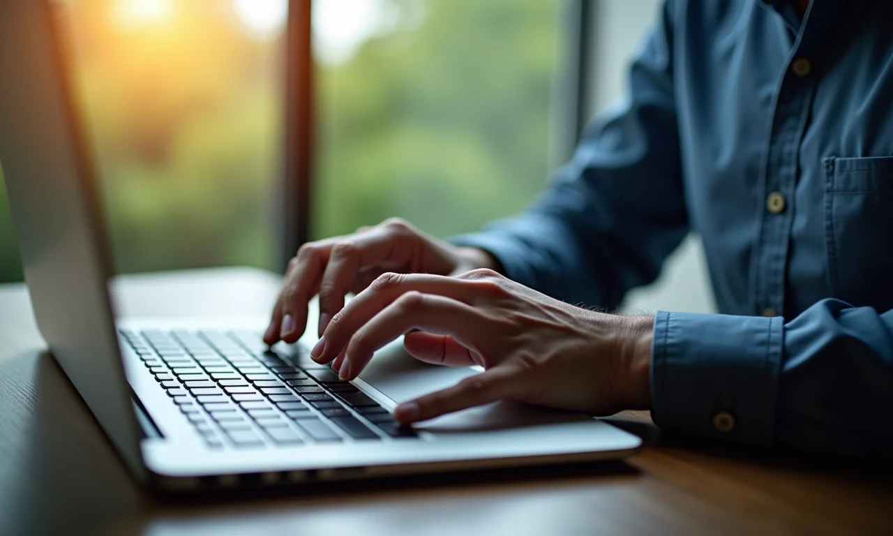 Mãos digitando em um laptop, atualizando dados pessoais.