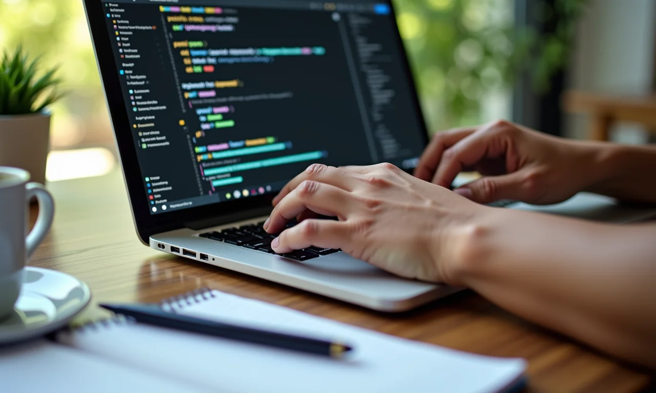 Mãos digitando palavras-chave para campanha do Google Ads.