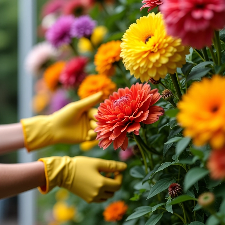 Mãos escolhendo flores coloridas para um jardim vertical ensolarado.
