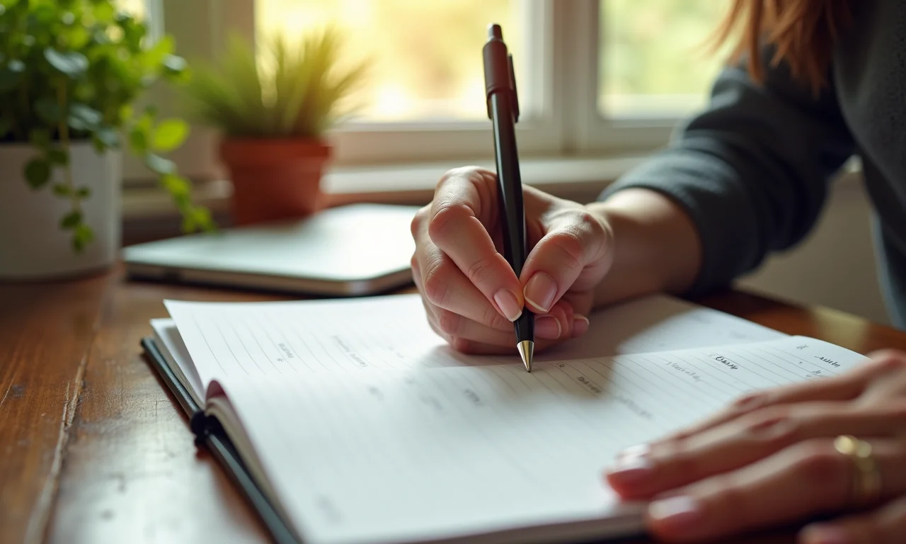 Mãos escrevendo em caderno, focando no progresso e não na perfeição, em mesa com estilo brasileiro.