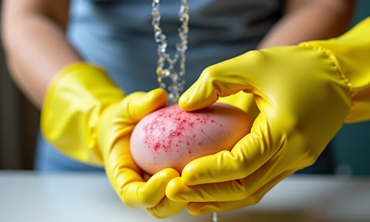 Mãos irritadas após contato com detergente, usando luvas de proteção.