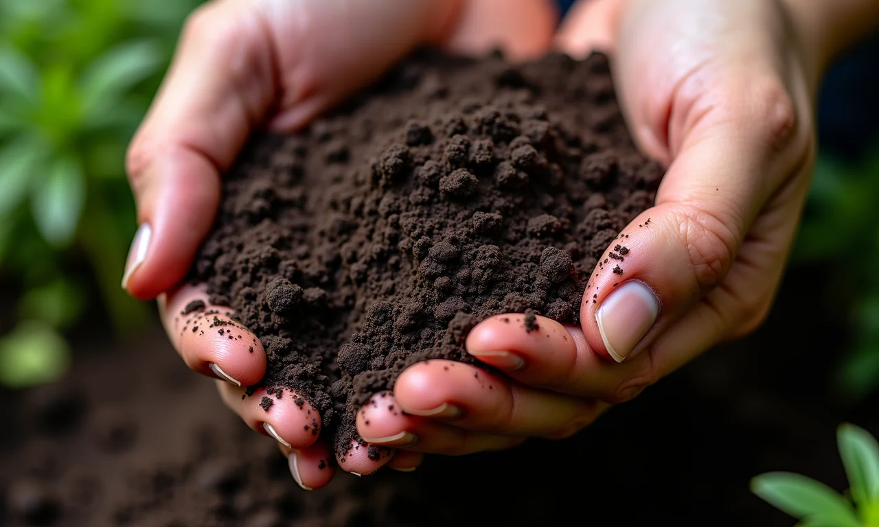 Mãos manuseando húmus de minhoca, um adubo natural rico em nutrientes para as plantas.