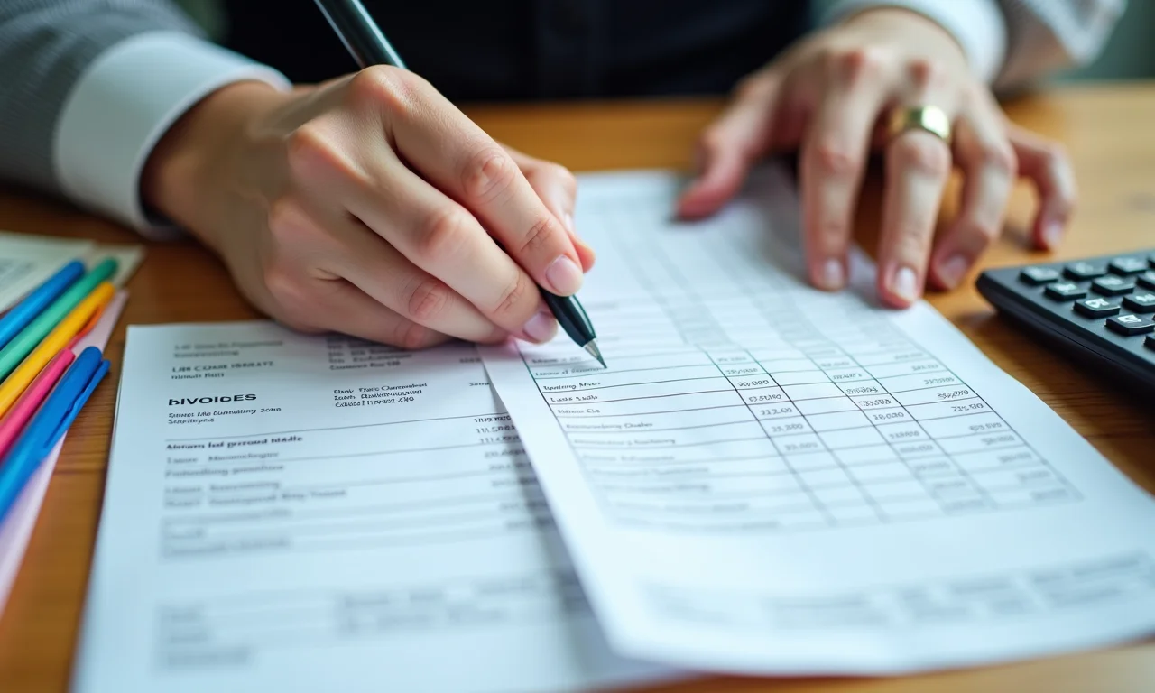 Mãos organizando recibos e notas fiscais para custos de produção MEI.
