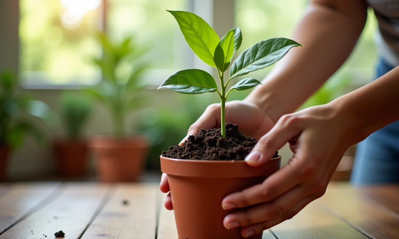 Mãos plantando muda de abacate em um vaso com terra.