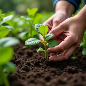 Mãos plantando mudas em diferentes tipos de substrato, representando o cuidado com o solo.