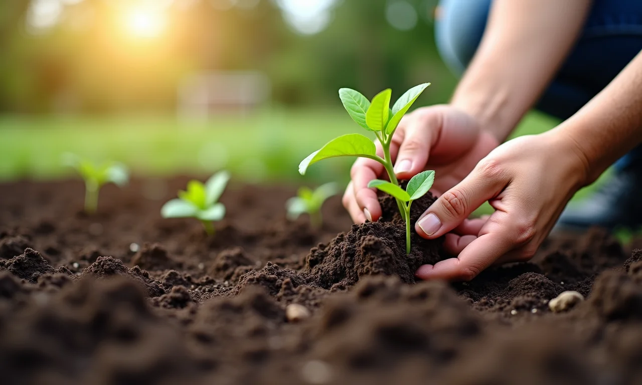 Mãos preparando o solo com carinho em um canteiro, plantando sementes com dedicação.