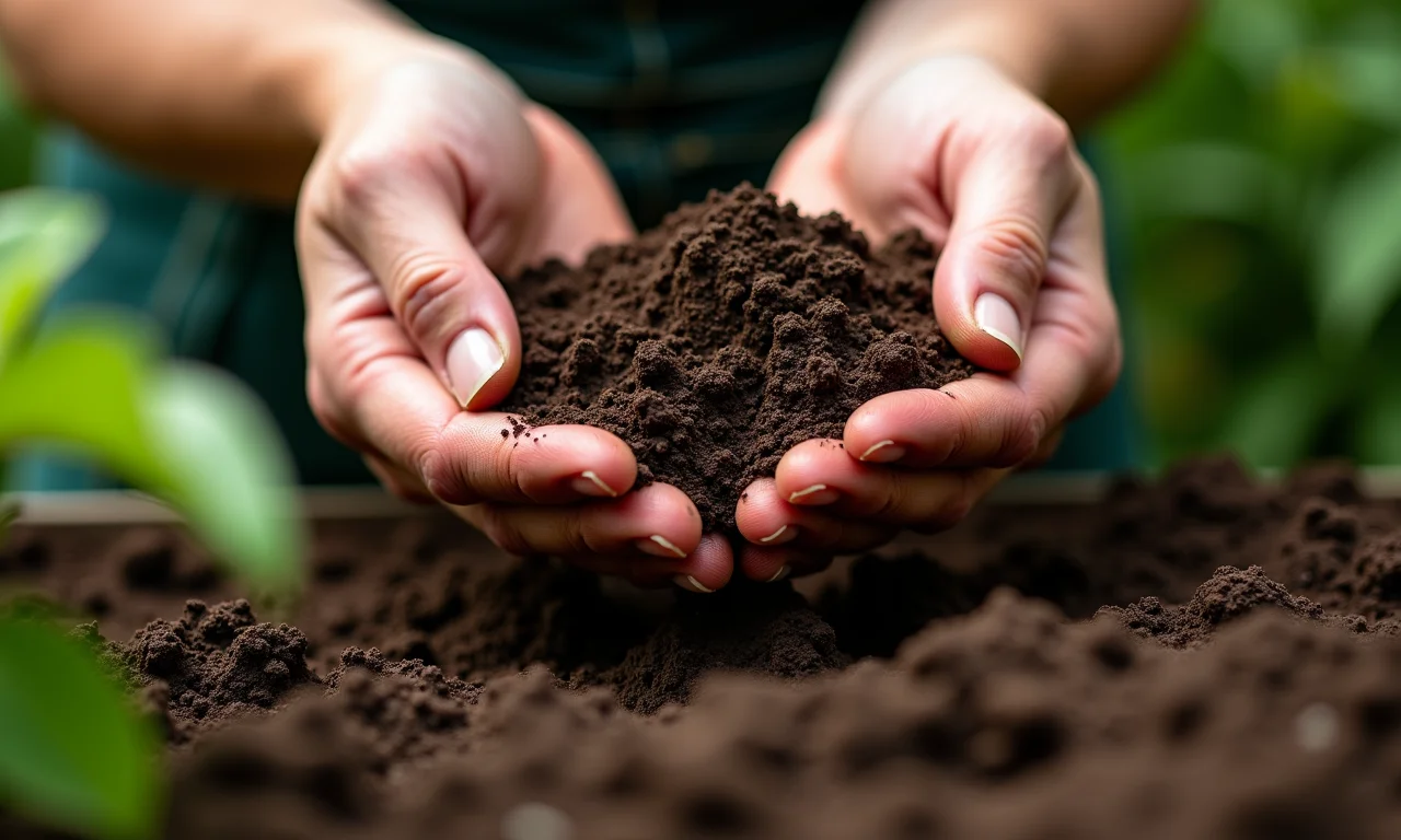 Mãos preparando o solo para o plantio em um jardim orgânico.