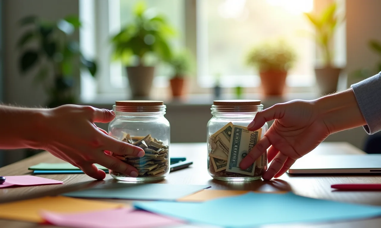 Mãos separando finanças pessoais e da MEI em potes distintos.
