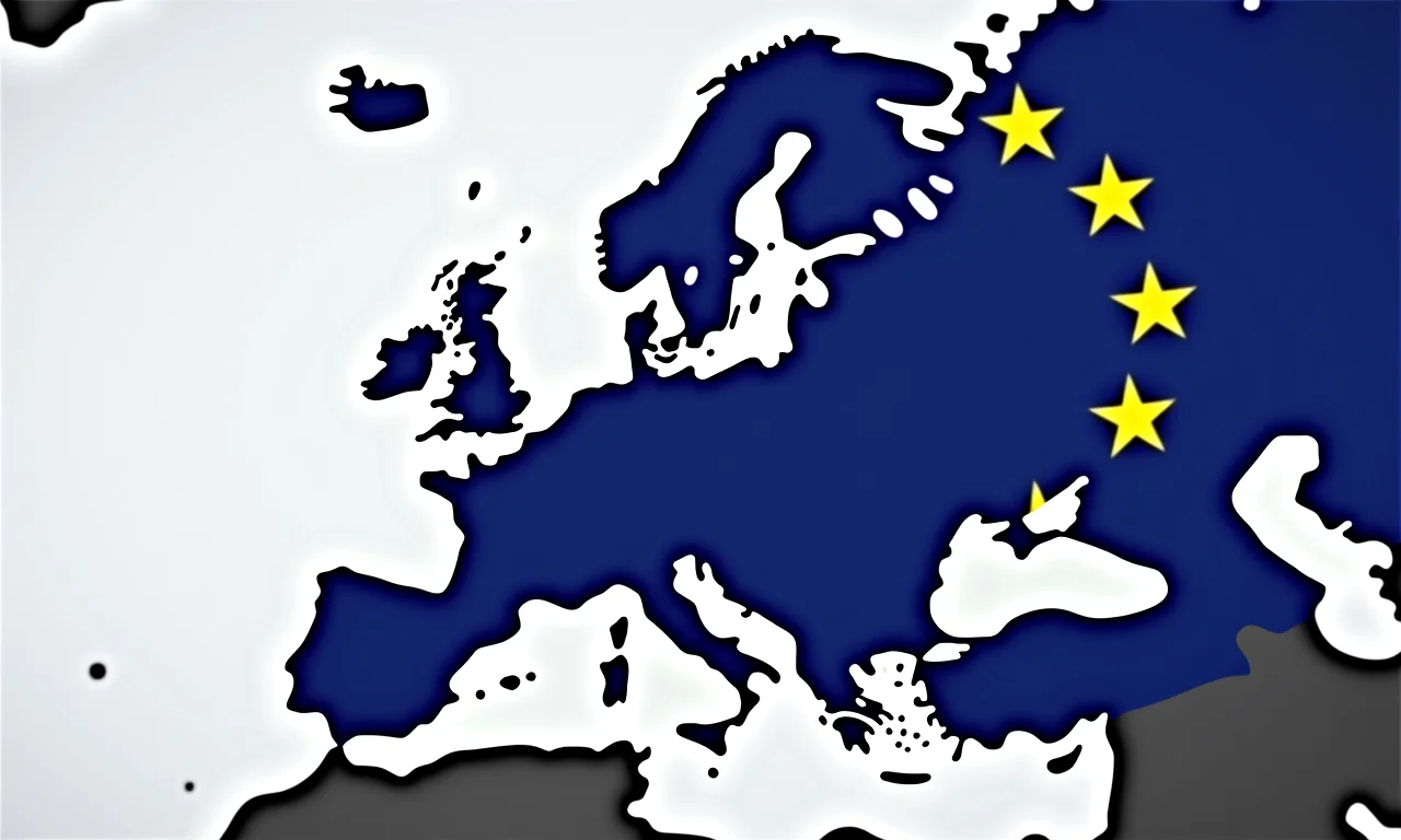 Mapa da Europa se transformando na bandeira da UE, simbolizando a expansão e o Tratado de Maastricht.