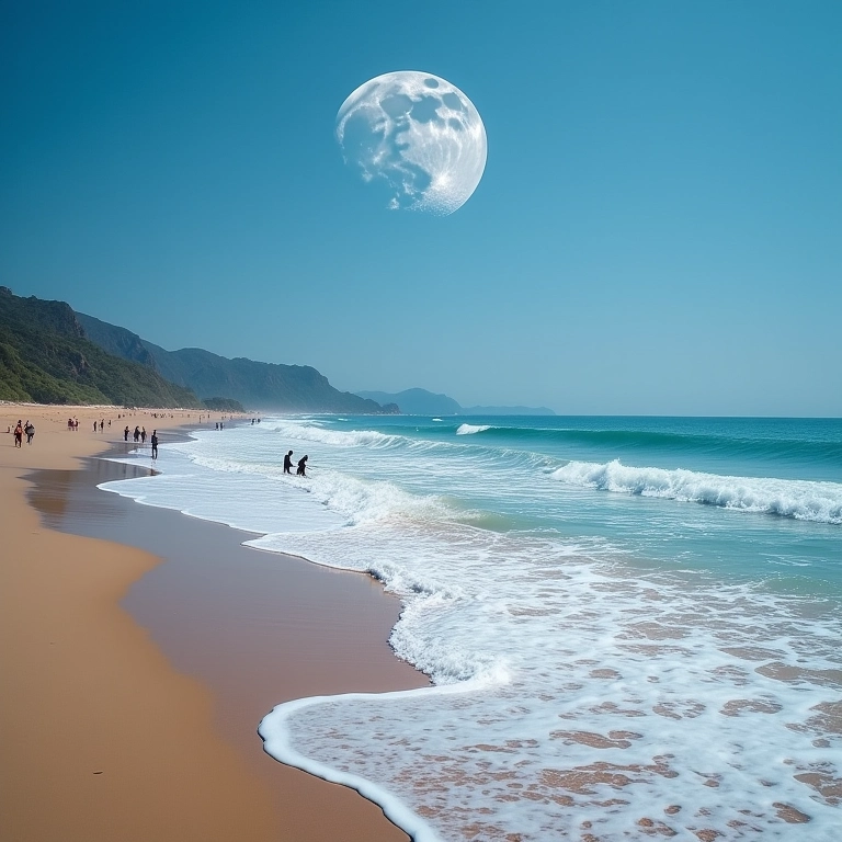 Marés oceânicas em uma praia brasileira, influenciadas pela Lua.
