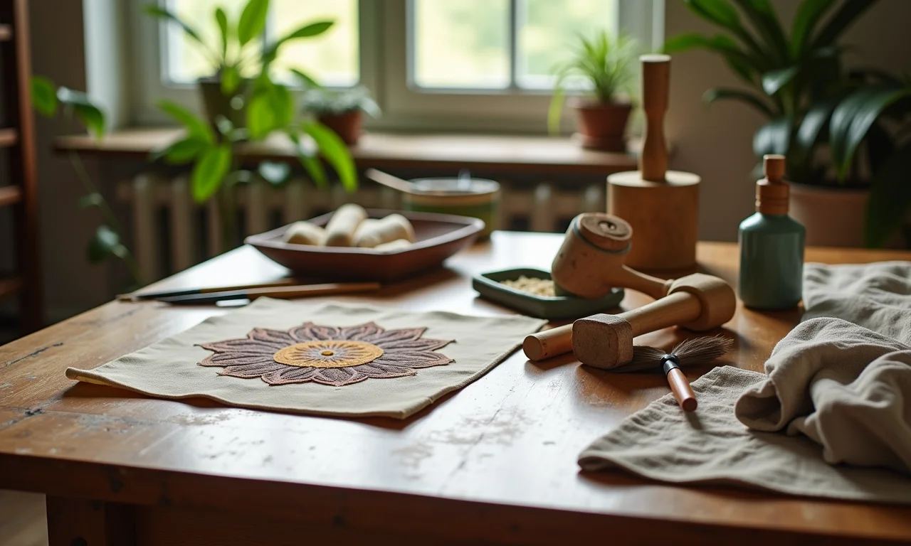 Materiais e ferramentas para estamparia botânica.