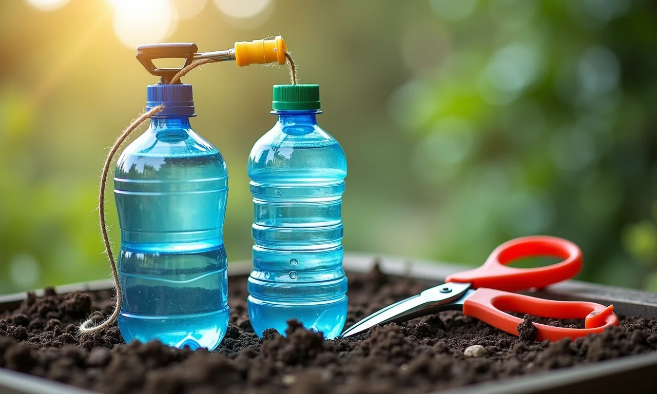 Materiais necessários para construir um irrigador por gotejamento caseiro com garrafas PET.