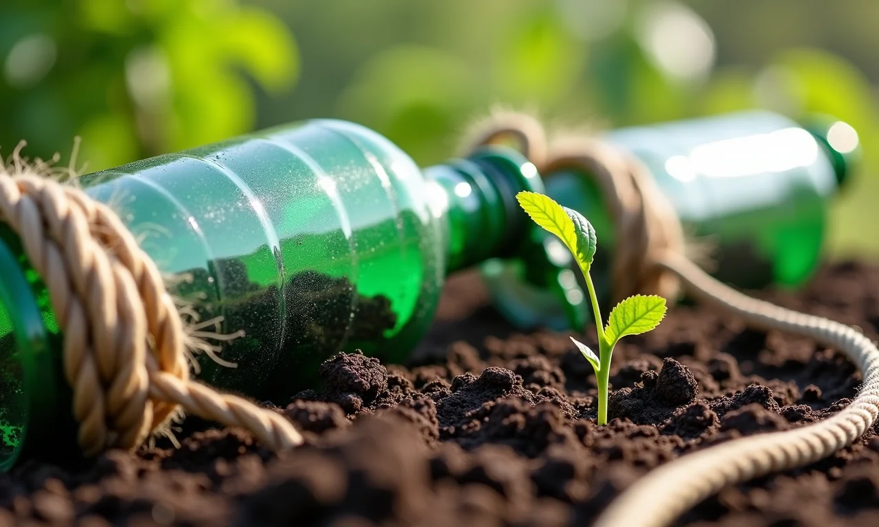 Materiais para montar uma horta autoirrigável: garrafas PET, barbante, terra e sementes.