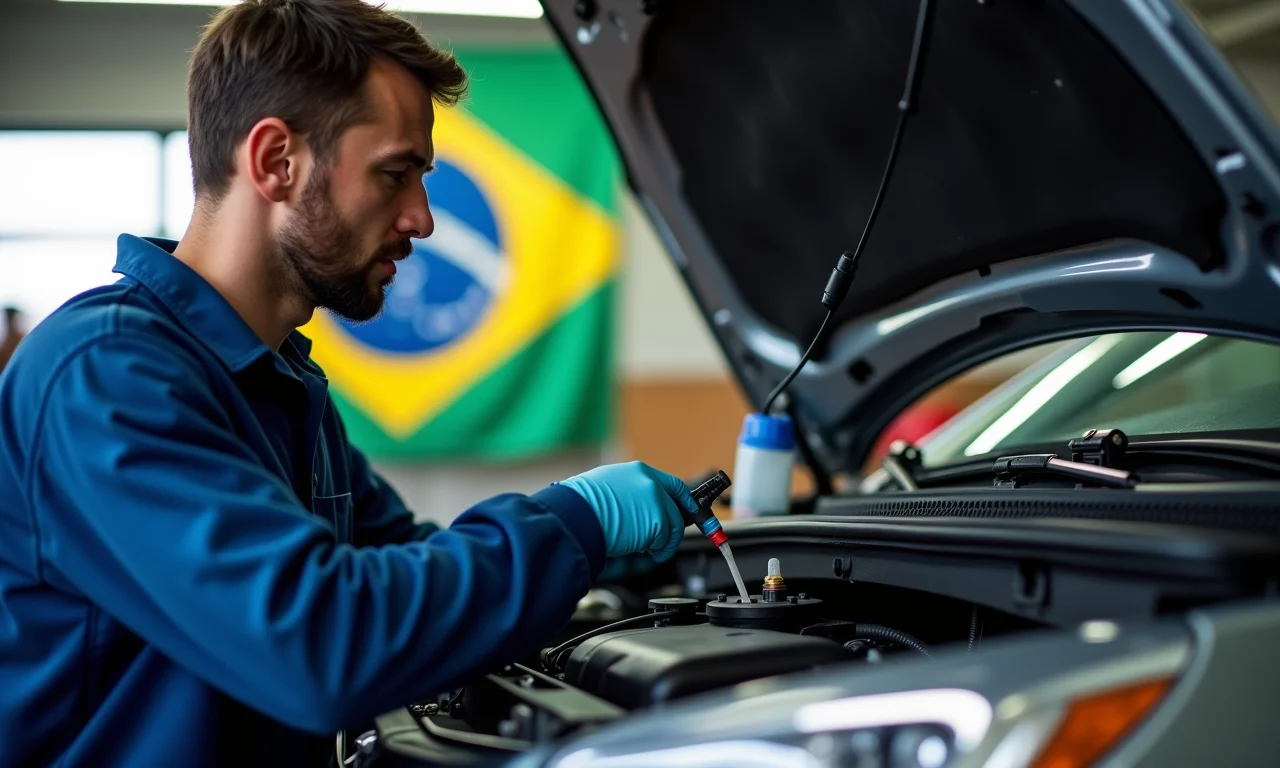 Mecânico verificando nível do fluido de freio.