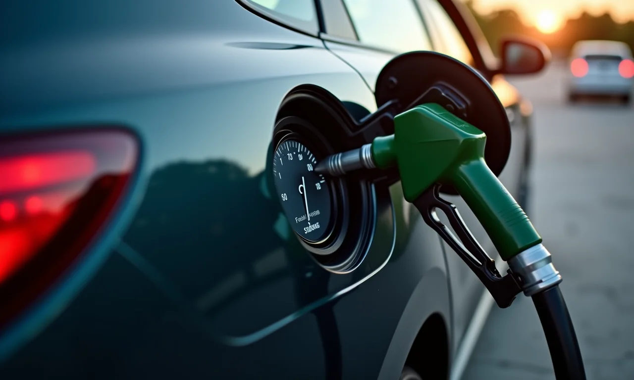 Medidor de combustível indicando tanque cheio, enfatizando economia.