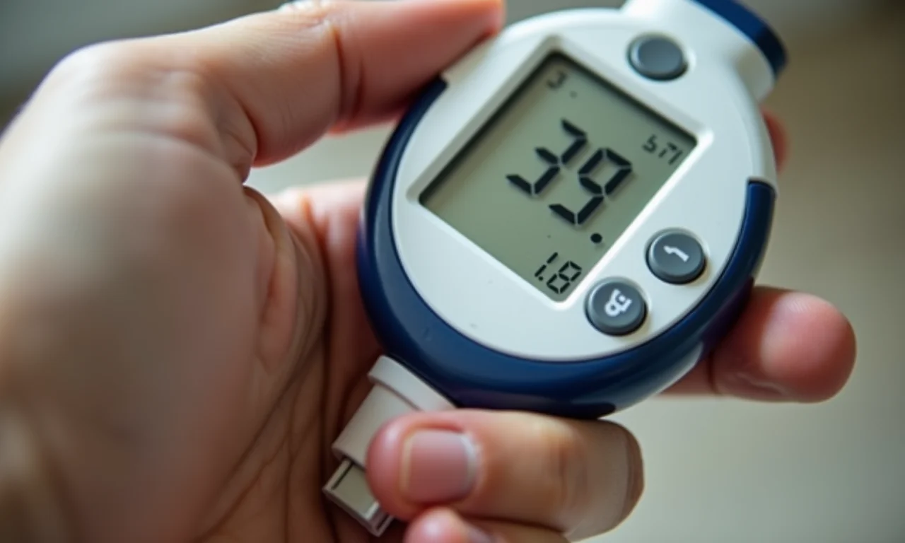 Medidor de glicose mostrando nível saudável após refeição low carb.