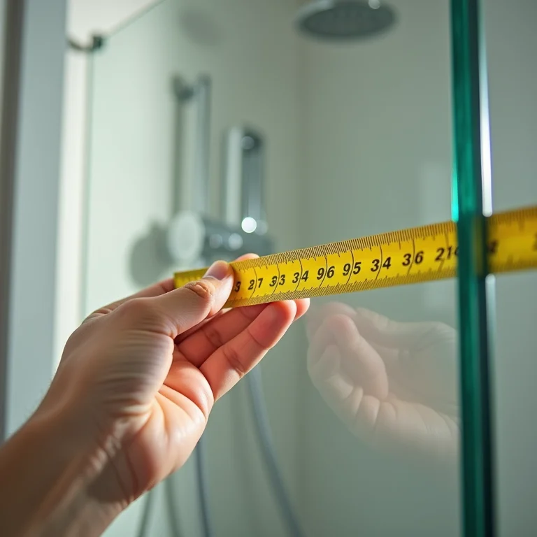 Medindo a altura do vidro do box do banheiro com uma fita métrica.