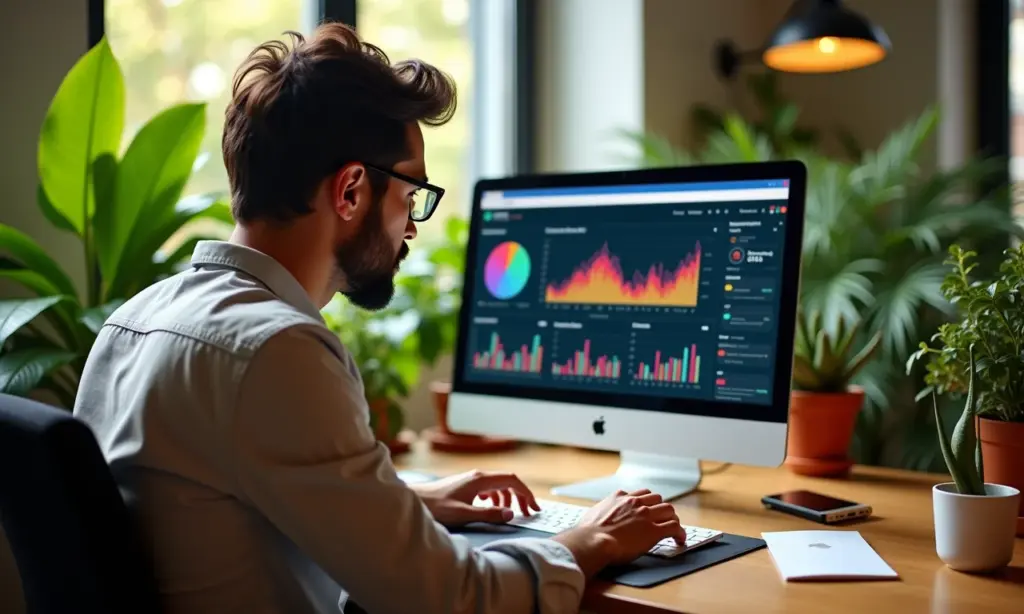 MEI analisando dados de concorrência em um laptop, cercado por design brasileiro.