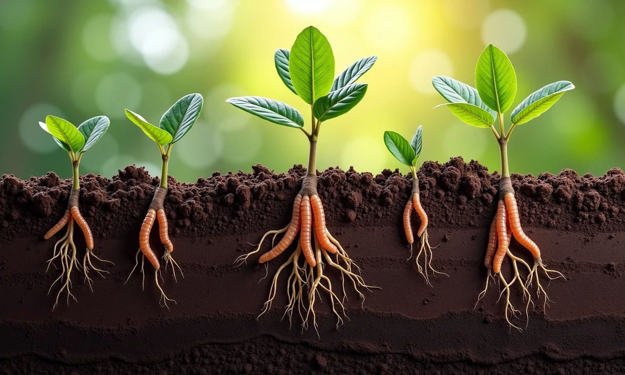 Melhora da estrutura do solo com cobertura morta, mostrando minhocas.