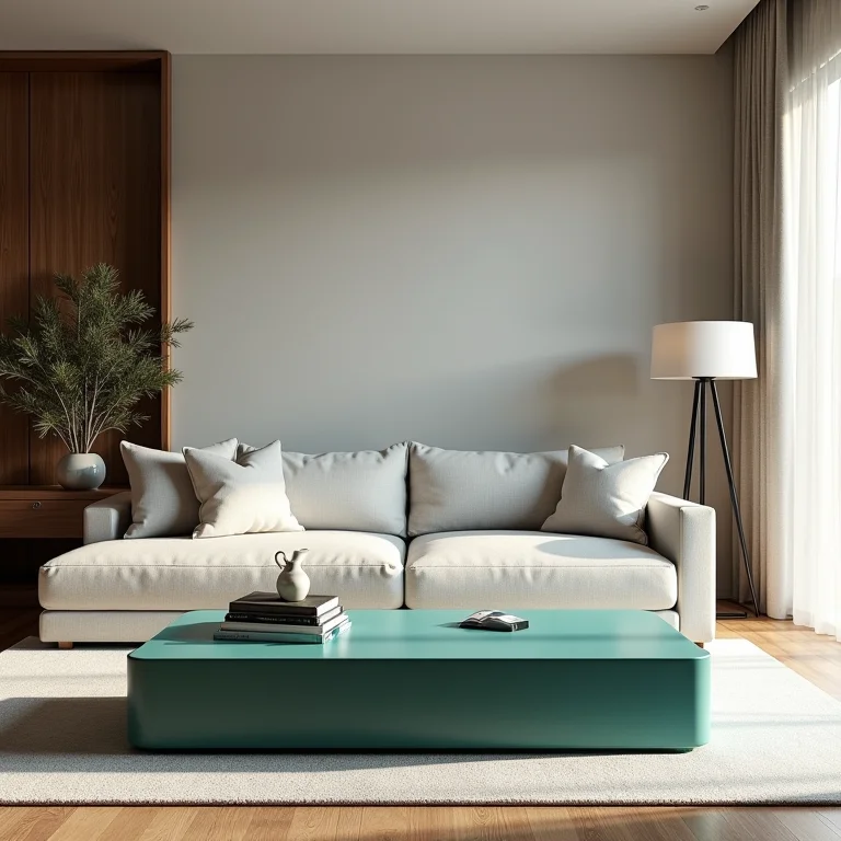 Mesa de centro azul harmonizando com decoração neutra