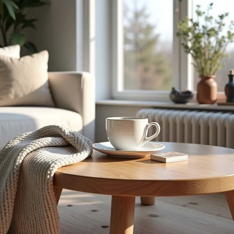Mesa de centro de madeira com detalhes aconchegantes em um interior escandinavo.