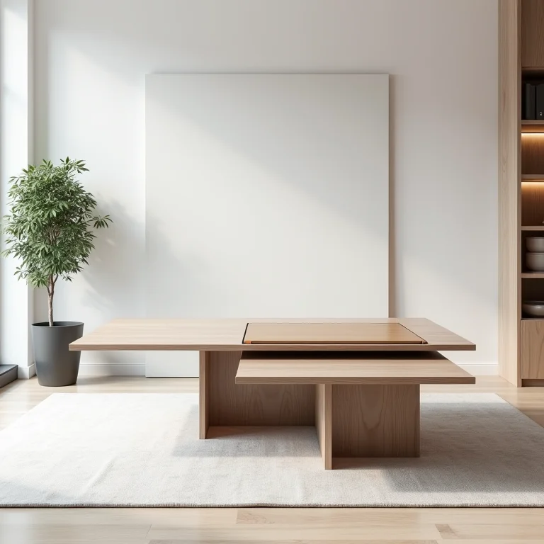 Mesa de centro multifuncional se transformando em mesa de jantar em uma sala minimalista.