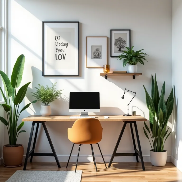 Mesa de escritório personalizada com plantas e obras de arte