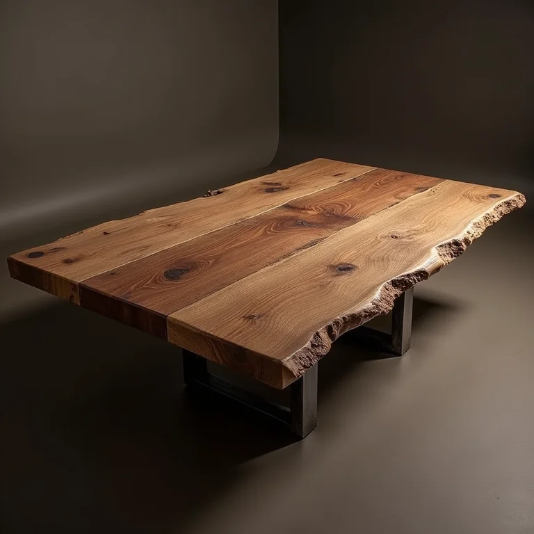 Mesa de madeira de demolição com textura rústica.