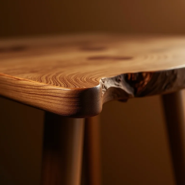 Mesa de madeira maciça artesanal, destaque para a textura e detalhes da madeira.
