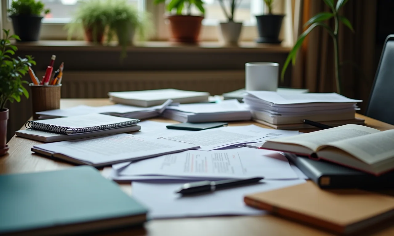 Mesa de trabalho desorganizada, representando desorganização associada ao TDA.