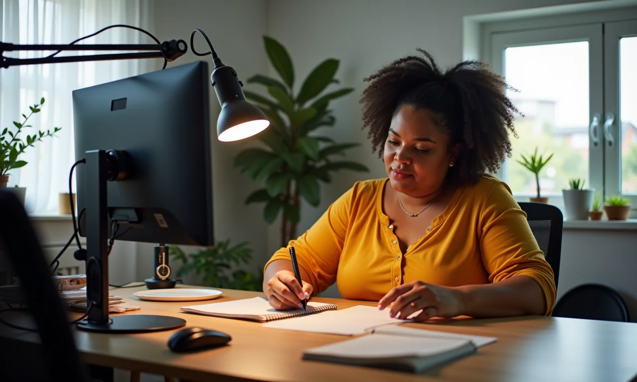 Mesa de YouTuber organizada com câmera, microfone e boa iluminação.