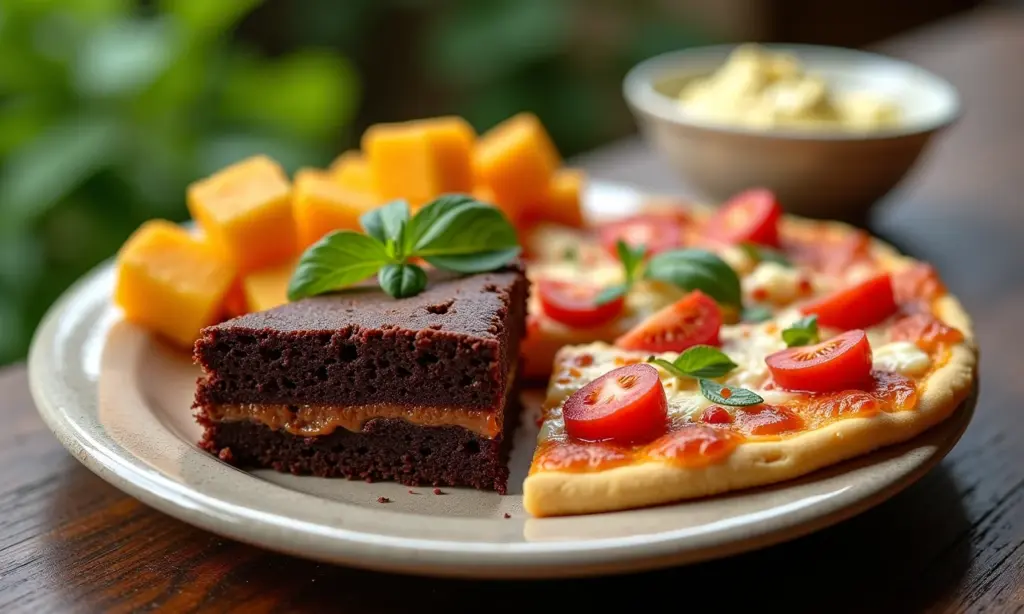 Mesa farta com variedade de pratos sem glúten, incluindo pão de queijo, bolo de chocolate e pizza.