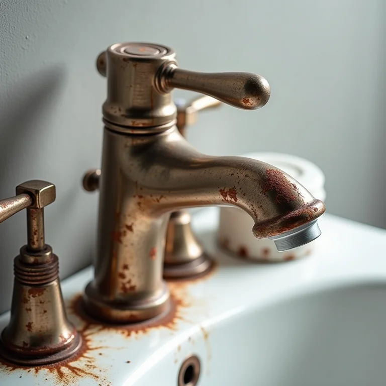 Metais de banheiro de baixa qualidade com sinais de ferrugem e desgaste