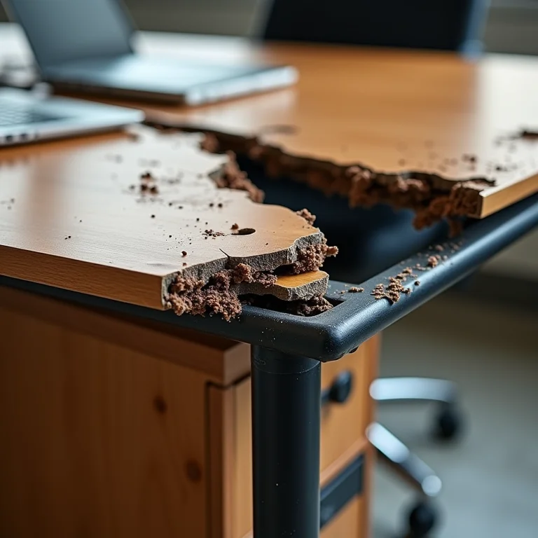 Mobiliário de escritório barato mostrando sinais de desgaste e baixa qualidade.