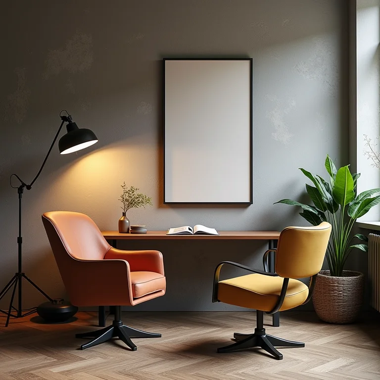 Mobiliário desconexo em um ambiente com tentativa de decoração industrial.